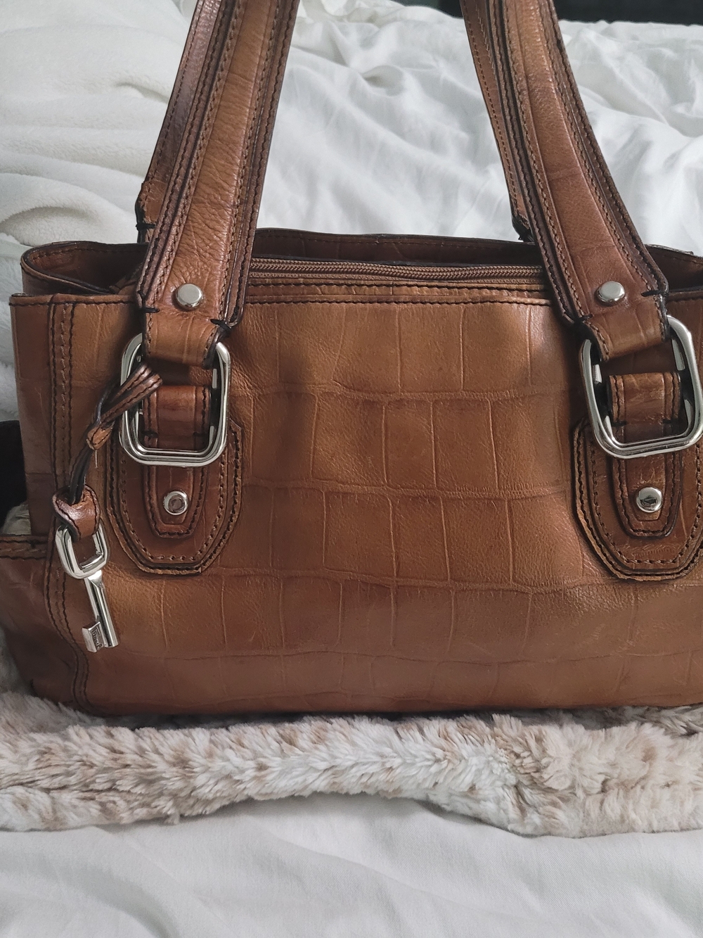 Classic Croc-Embossed Leather Tote - Brown